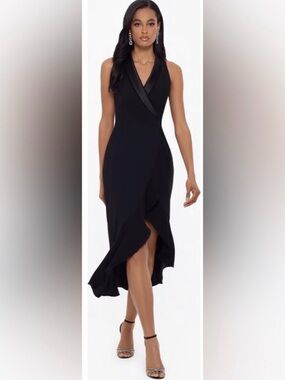 Xscape High-Low Asymmetrical Tuxedo Dress Ruffle Hem Black Formal Size 6